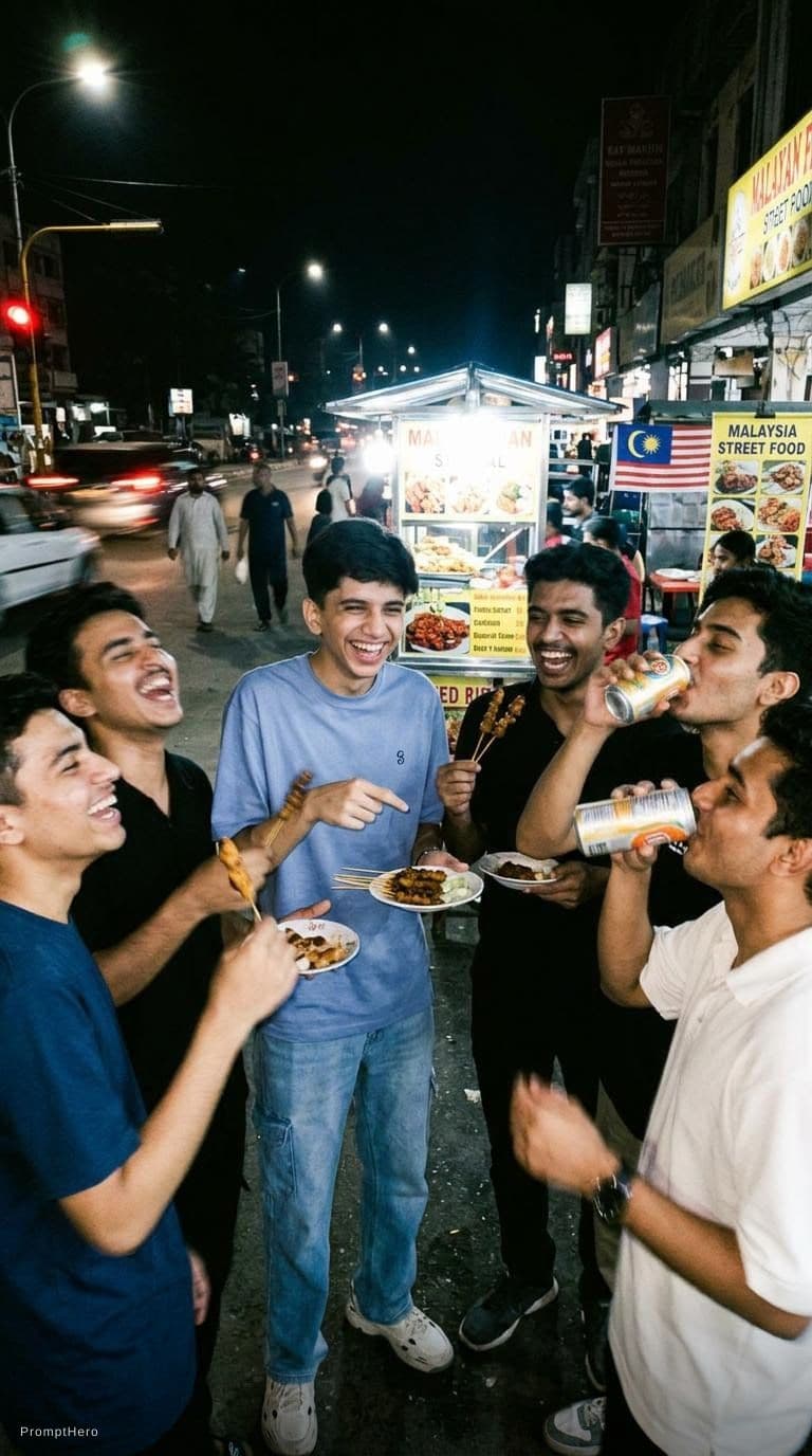 AI generated: flash photography, night street snap, disposable camera style, group of friends laughing at a street...