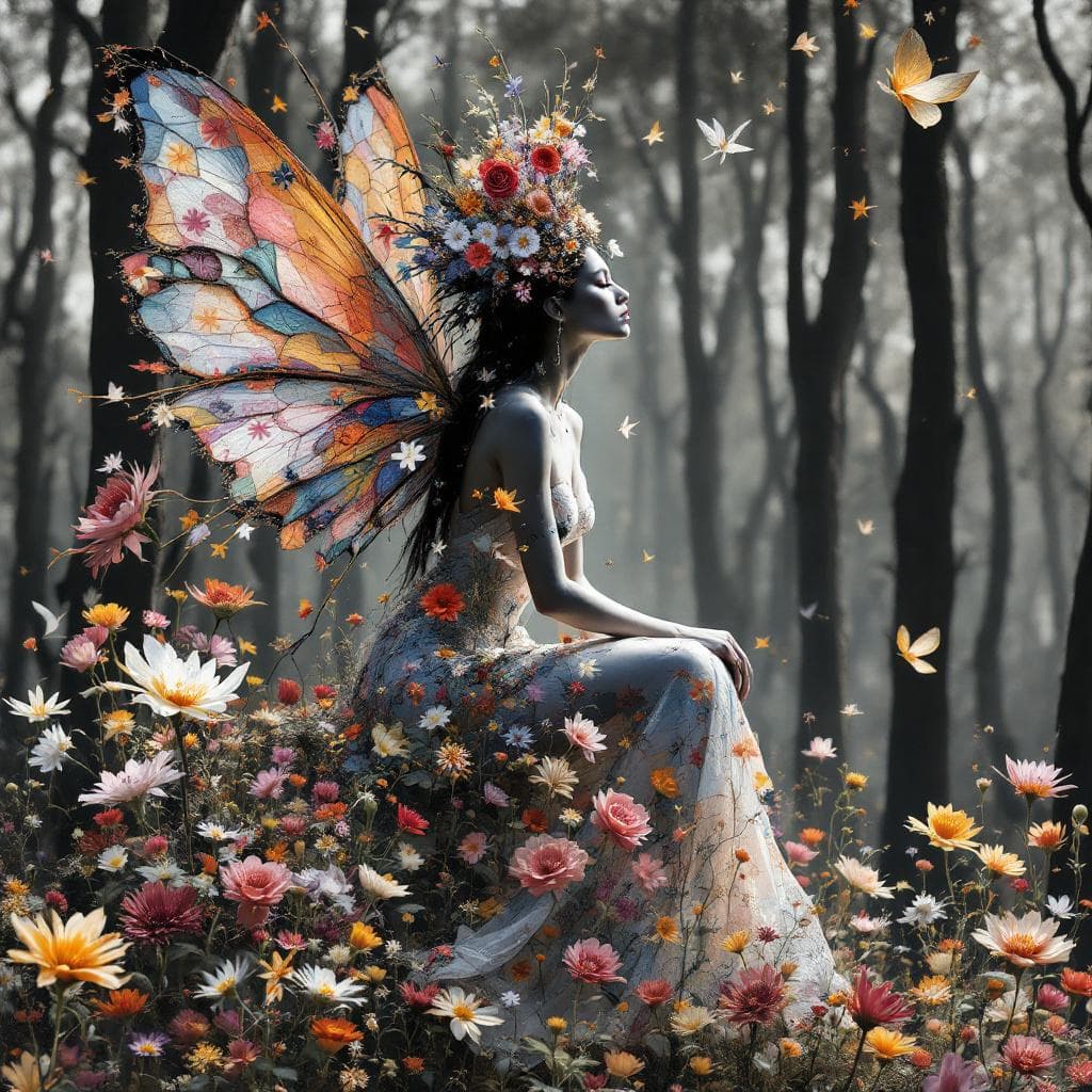 AI generated:  Patwork, Winged Fairy  Double Exposure, flowers ,forest, Native American Patchwork   Dance ,Salvado...