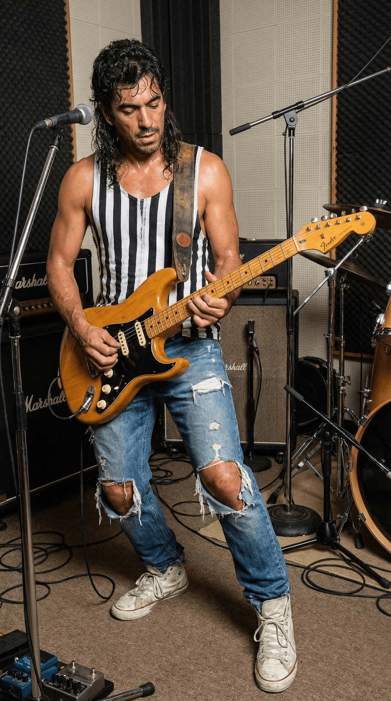 AI generated: Slight downshot of a full body photo of a 1980's Hard Rock band guitar player, playing a pine colore...