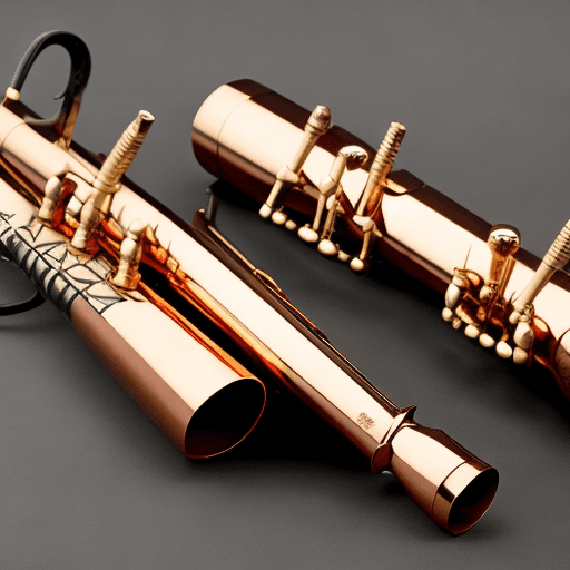 AI generated: Two rifles that cross in the middle that have a copper trumpet mouthpiece