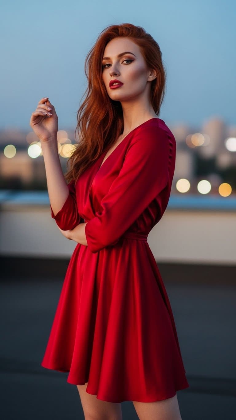 AI generated: 12k image of a young lady 19 years old, confidently wearing a dress, flawless beauty, red hair, eleg...