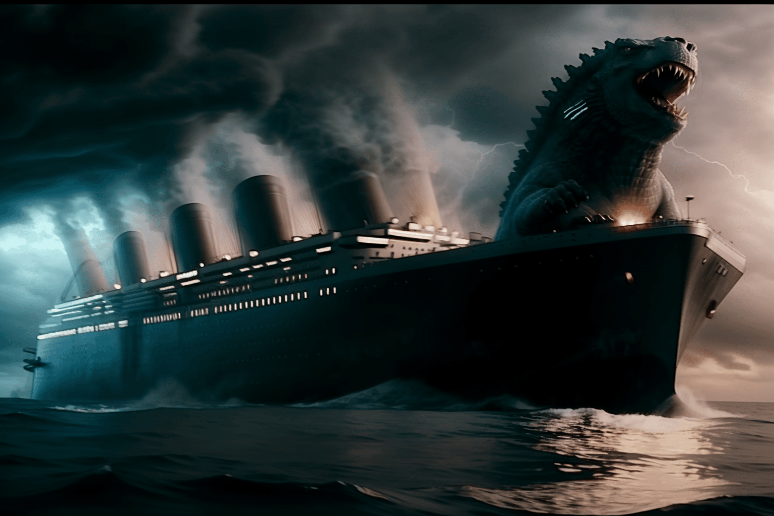 AI generated: cinematic footage film still of a giant godzilla attacking a TITANIC in the ocean,emerging from the ...
