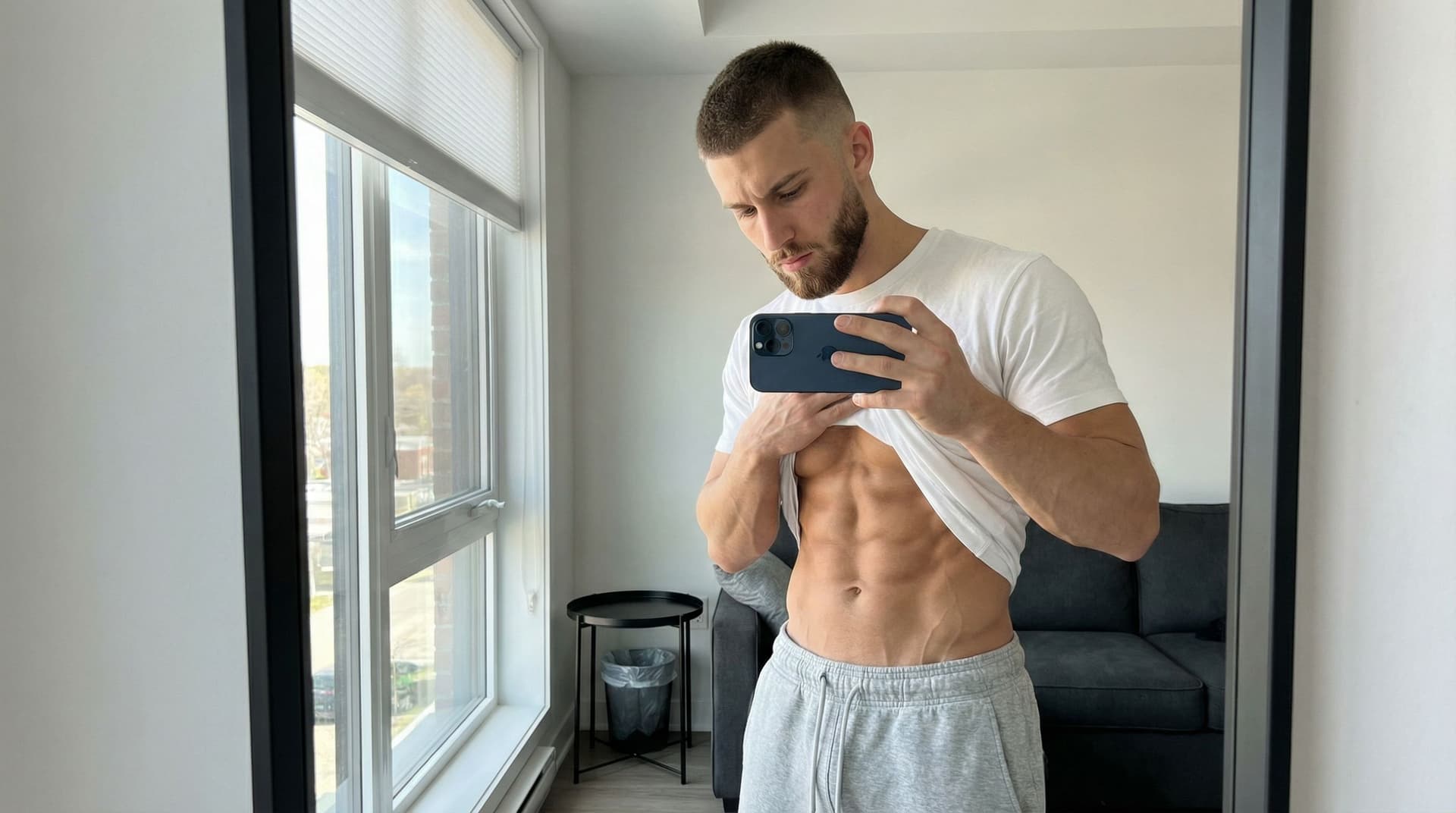 AI generated: Photorealistic full-body mirror selfie of a very muscular, lean and shredded young man in his early ...