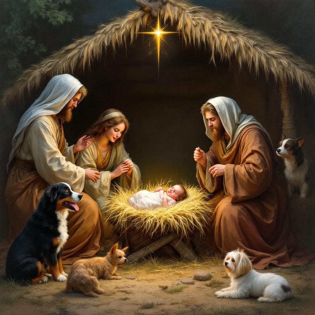 AI generated: a traditional scene of baby Jesus in the manger, surrounded by Mary, Joseph, the three wise men and ...