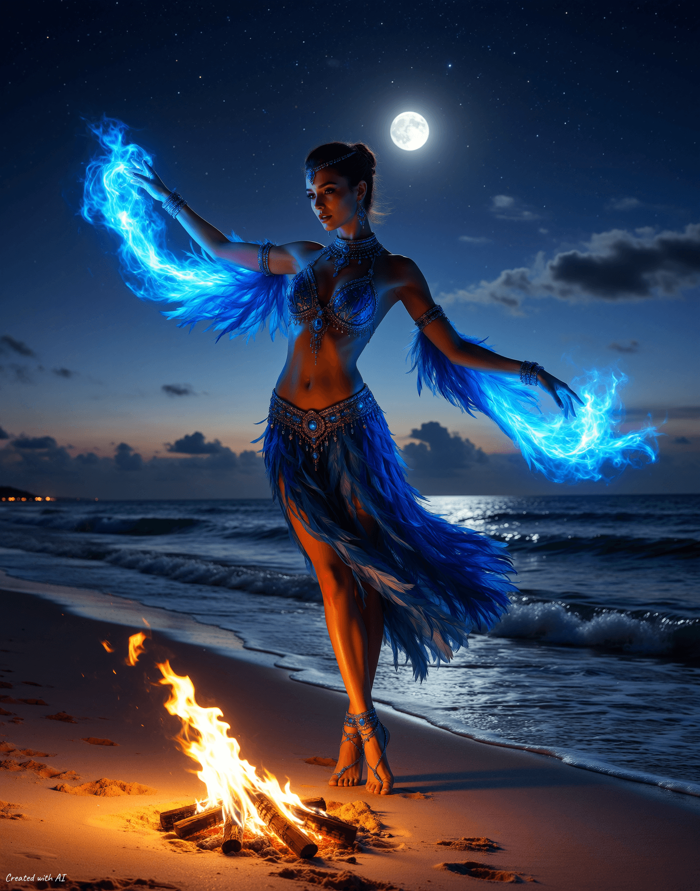 AI generated: Mysterious dancer with flowing blue feathers and intricate blue jewelry adorning her body, graceful ...