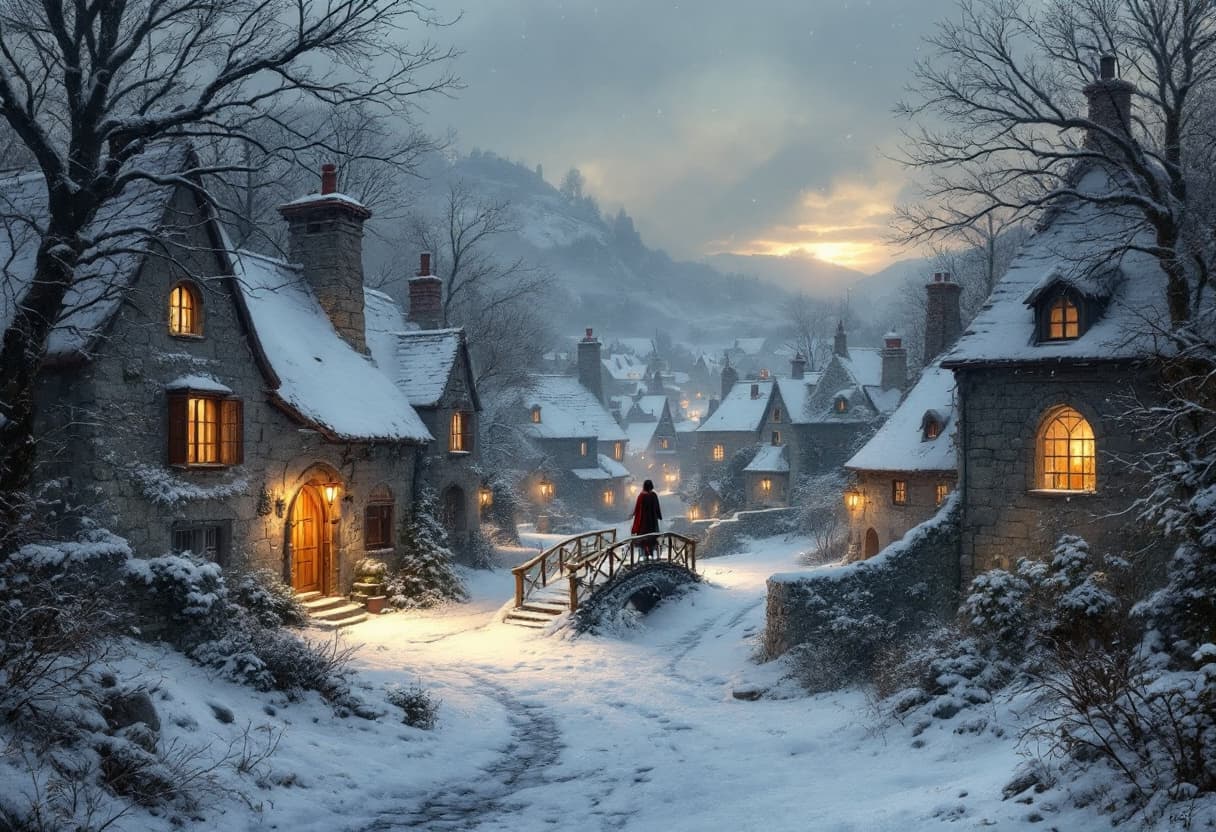 AI generated: A quiet medieval village blanketed in fresh snow at twilight, nestled in a misty valley. Stone cotta...