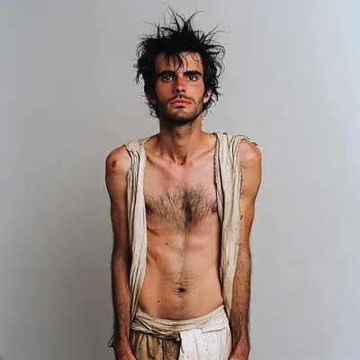 AI generated video: An addict stands before the camera afraid, the camera moves closer