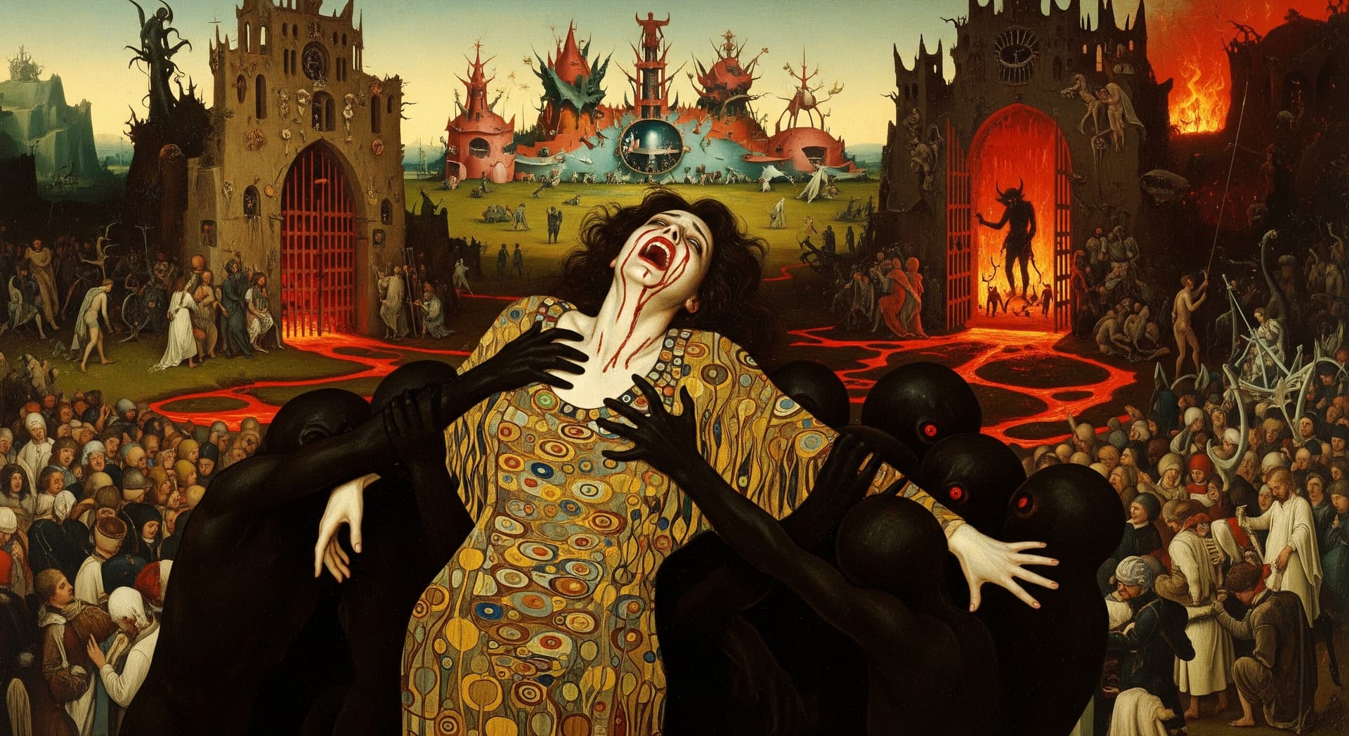 AI generated: Epic, terrifying cinematic scene: A woman, her face a mask of pure terror and agonizing despair, is ...