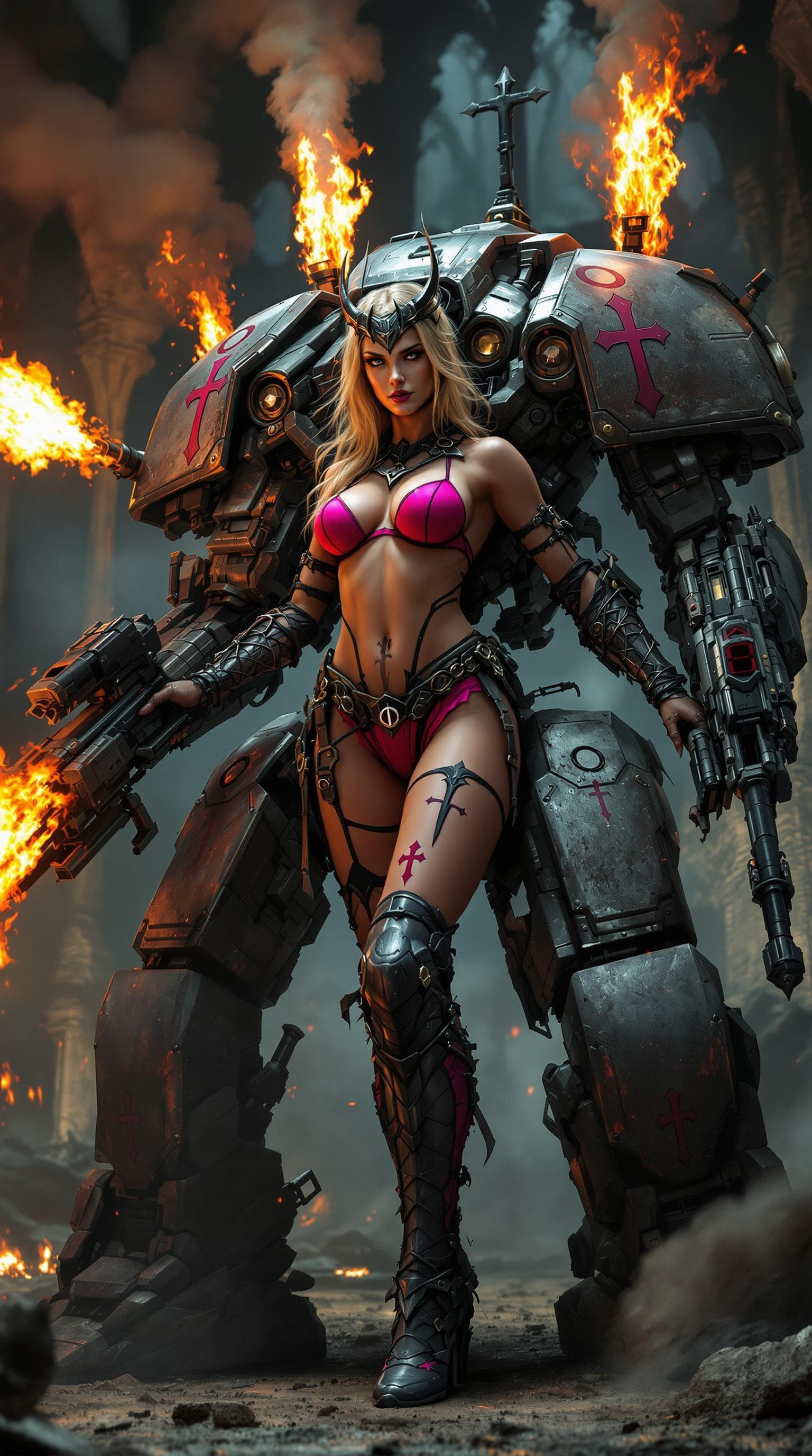 AI generated: The image features a strong female figure inside a massive war machine resembling a mechanical exosk...