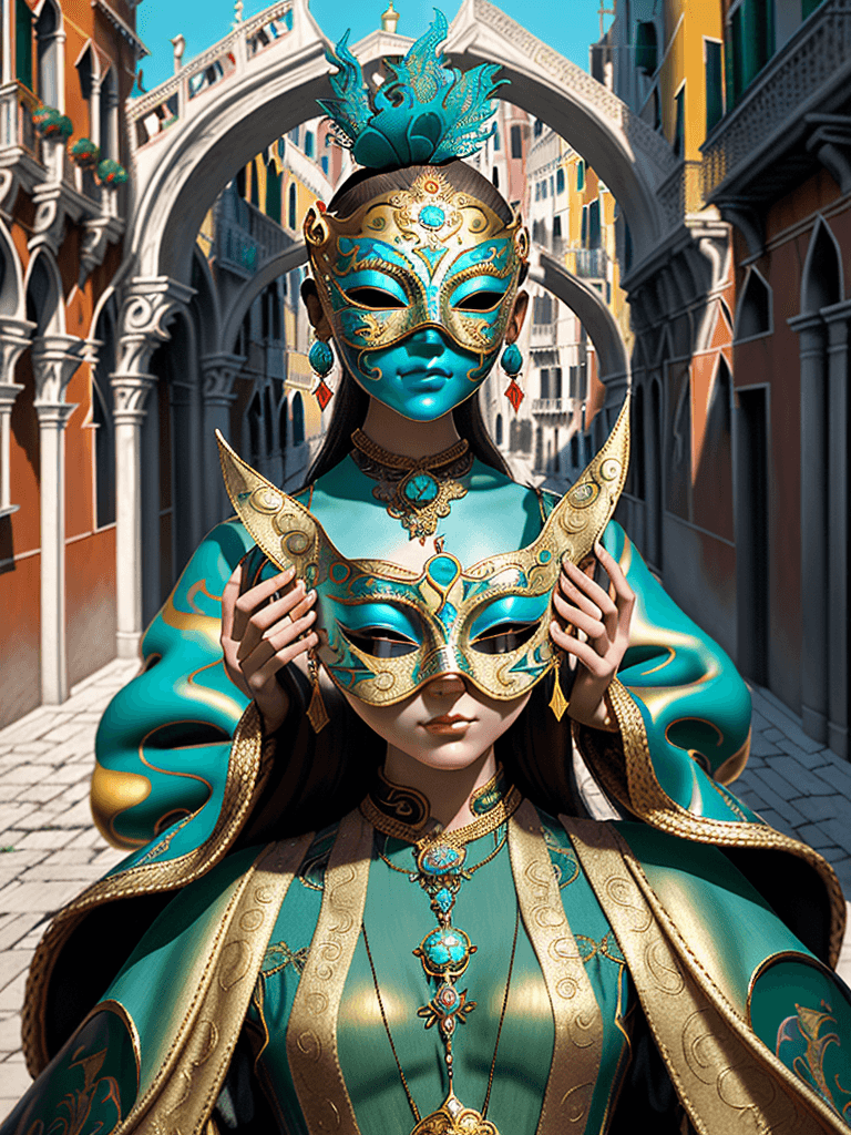 AI generated: a woman wearing an elaborate mask around her face, in the style of vray tracing, cloisonnism, turquo...