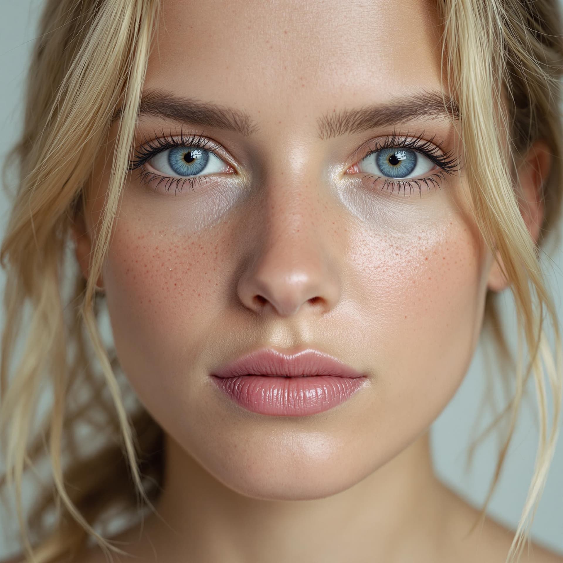 AI generated: Close-up portrait of a woman with blue eyes, light freckles, and blond hair styled in loose tendrils...