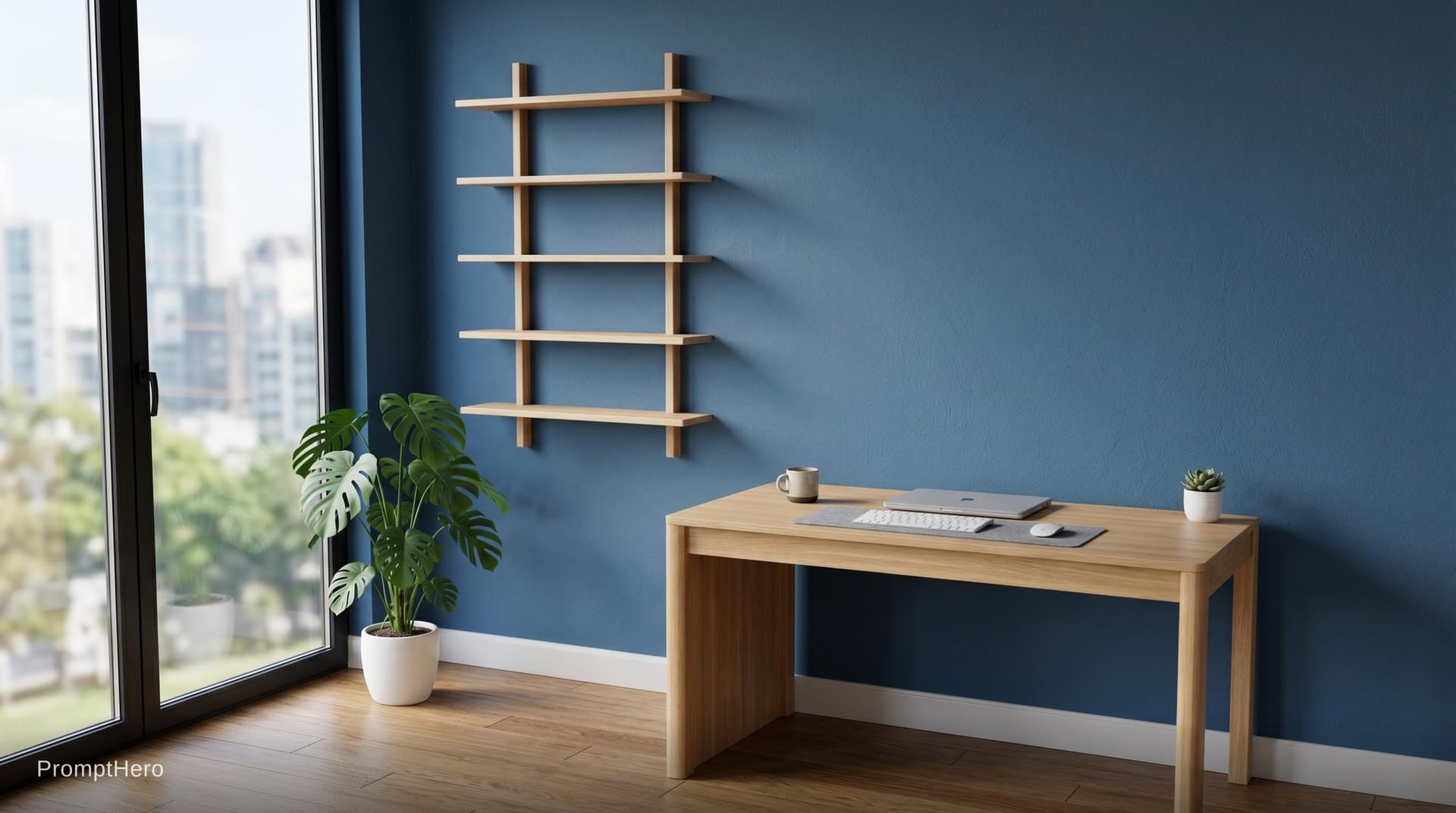AI generated: A minimalist 3D desktop wallpaper of a modern room with a blue wall and soft ambient lighting, woode...