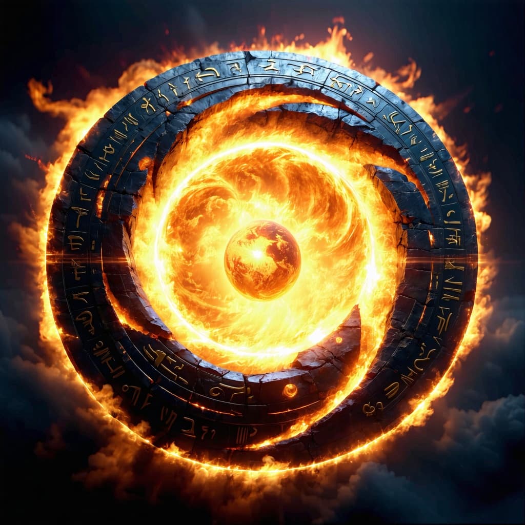 AI generated: An ancient magical artifact in the shape of a perfect circle. The center is a swirling vortex of sol...