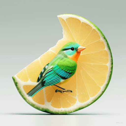 AI generated: a little bird made of a fresh limon that has been cut open, photo-realistic techniques --ar 2:3 --st...