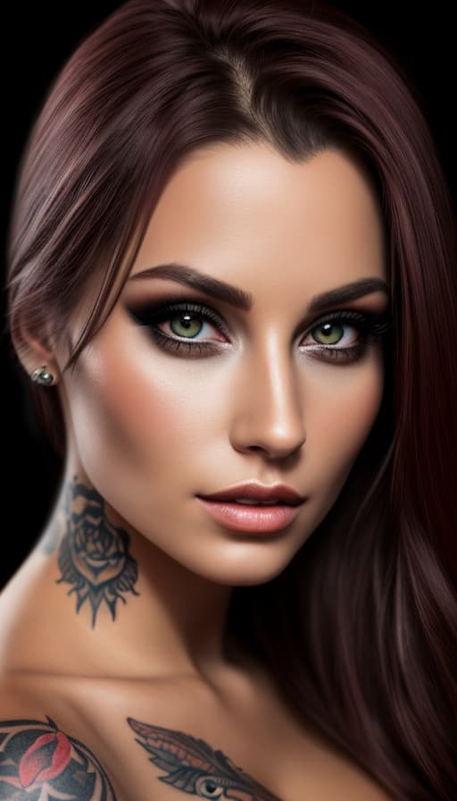AI generated: Tattooed Female Portrait, With Lime Green Eyes, Visible Tattoos, Digital Photography, smooth, clear,...