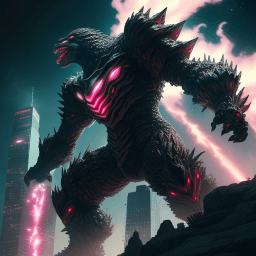 AI generated: high ground angle shot, skyscrappers on low ground, a angry screaming King Kong Godzilla, futuristic...