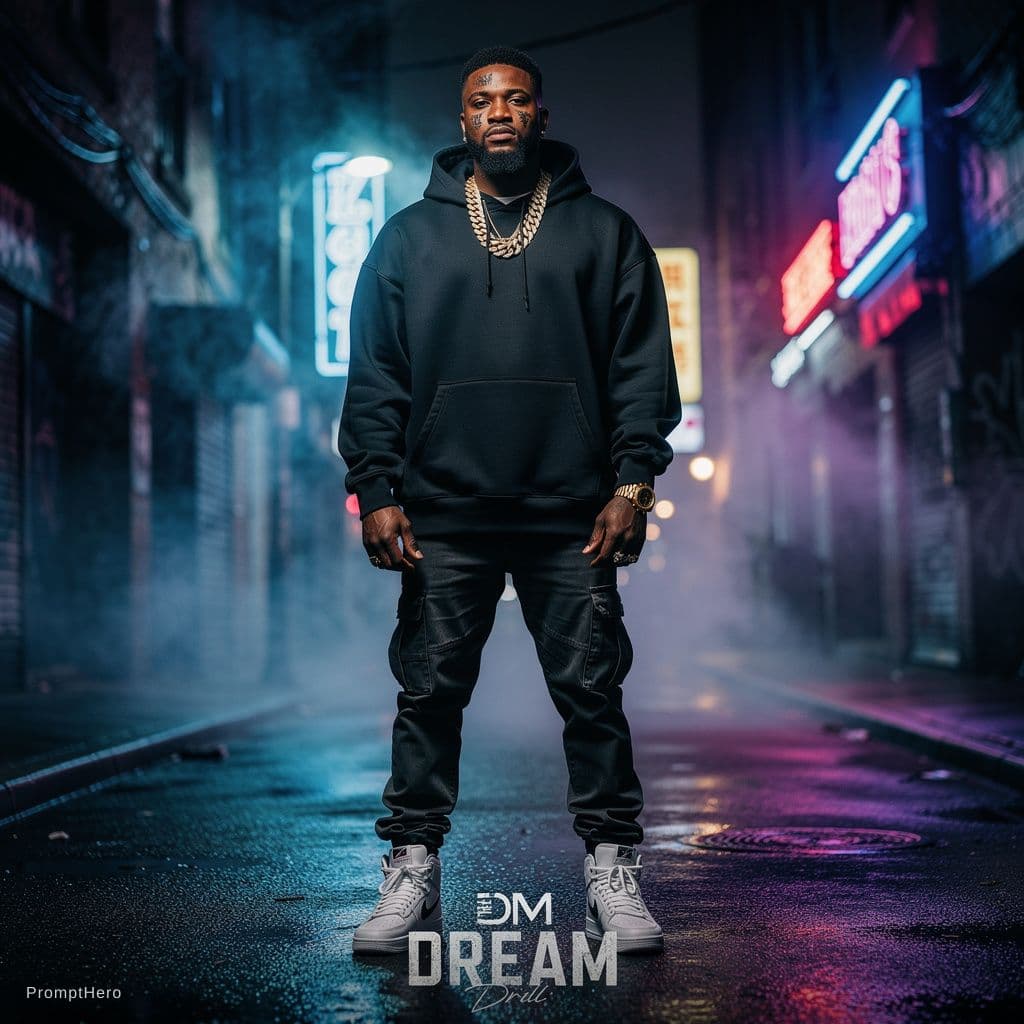 AI generated: African black rapper "DM Dream" standing in a dark urban street at night, powerful hip hop presence,...