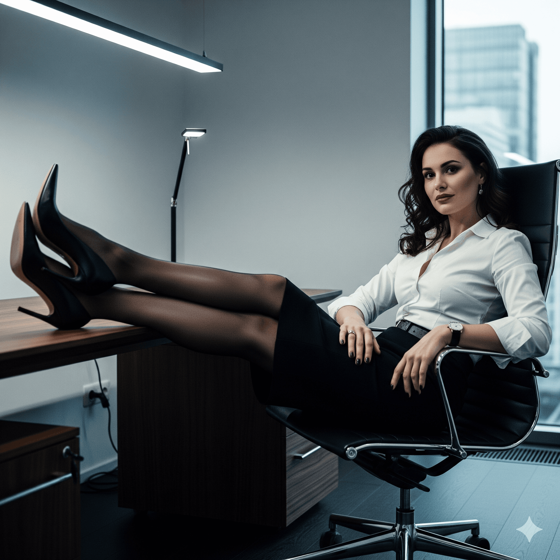 AI generated: A young, stylish woman in a crisp white shirt, black skirt, sheer tights, and high heels is confiden...