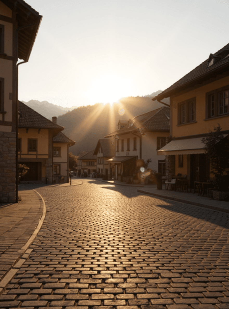 AI generated: Ultra high detailed image with a cobblestone street in a small Swiss village in the background. The ...