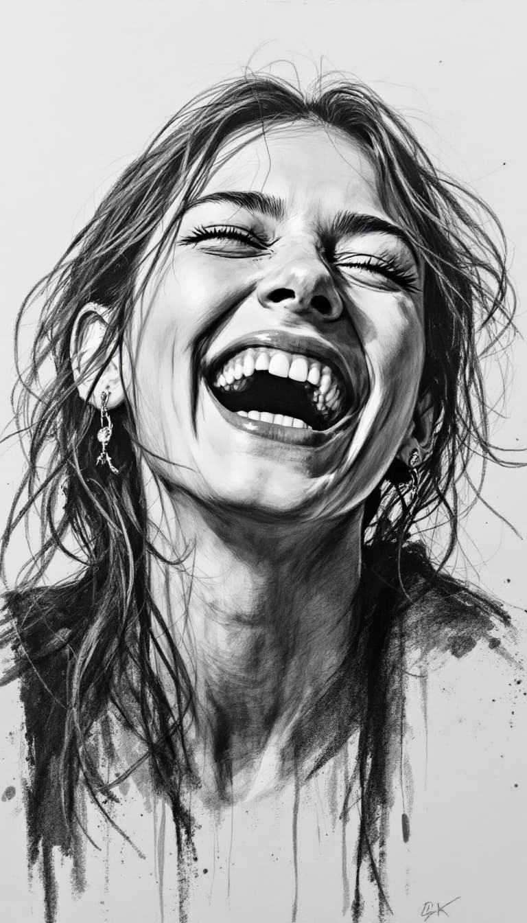 AI generated: Girl, charcoal sketch, laughing