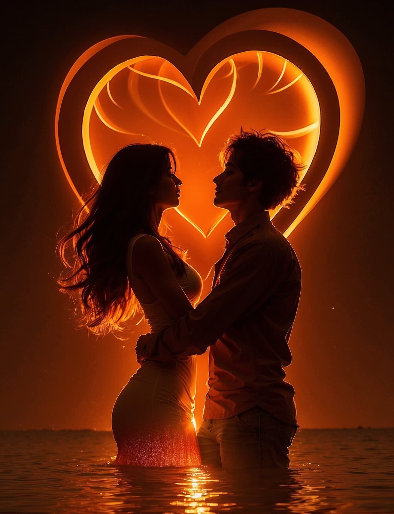 AI generated: Two lovers intertwined in a passionate embrace, their silhouettes illuminated by a warm, orange glow...