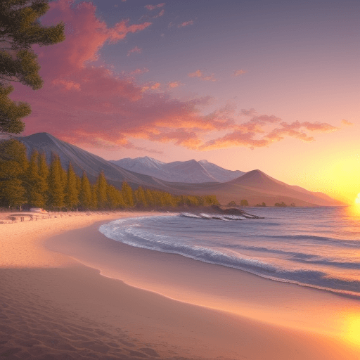 AI generated: Make an 8k drawing of a beautiful landscape on the beach and in the background place mountains cover...