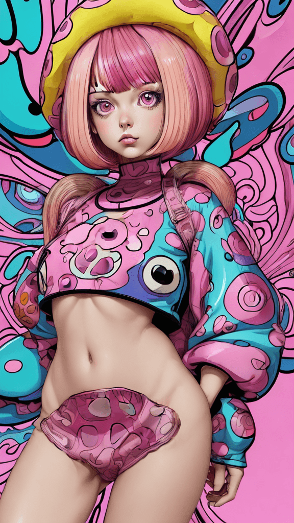 AI generated: in a funky background portrait of little mushroom woman, pink hair, Prominent eyes, funky background...