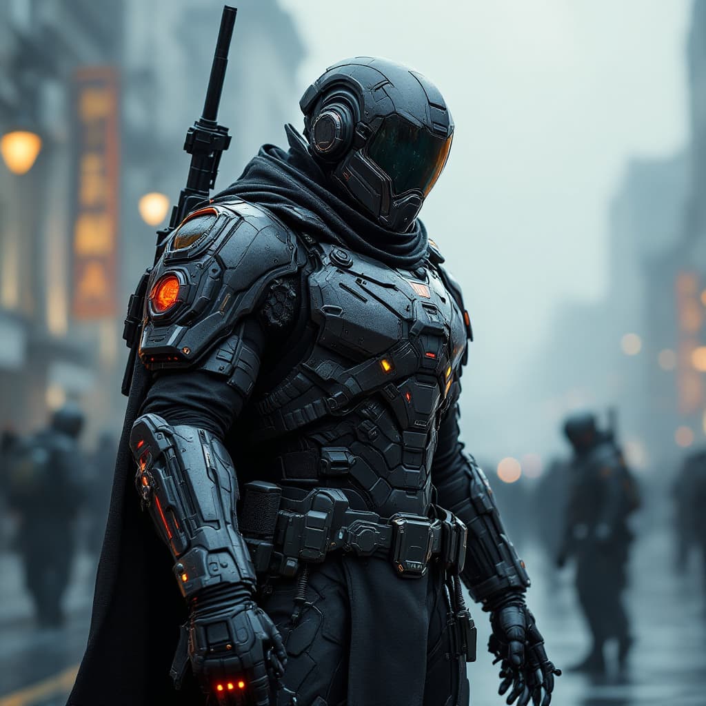 AI generated: Full battle armored futuristic soldier with advanced weapons and accessories, street, overcast, refl...