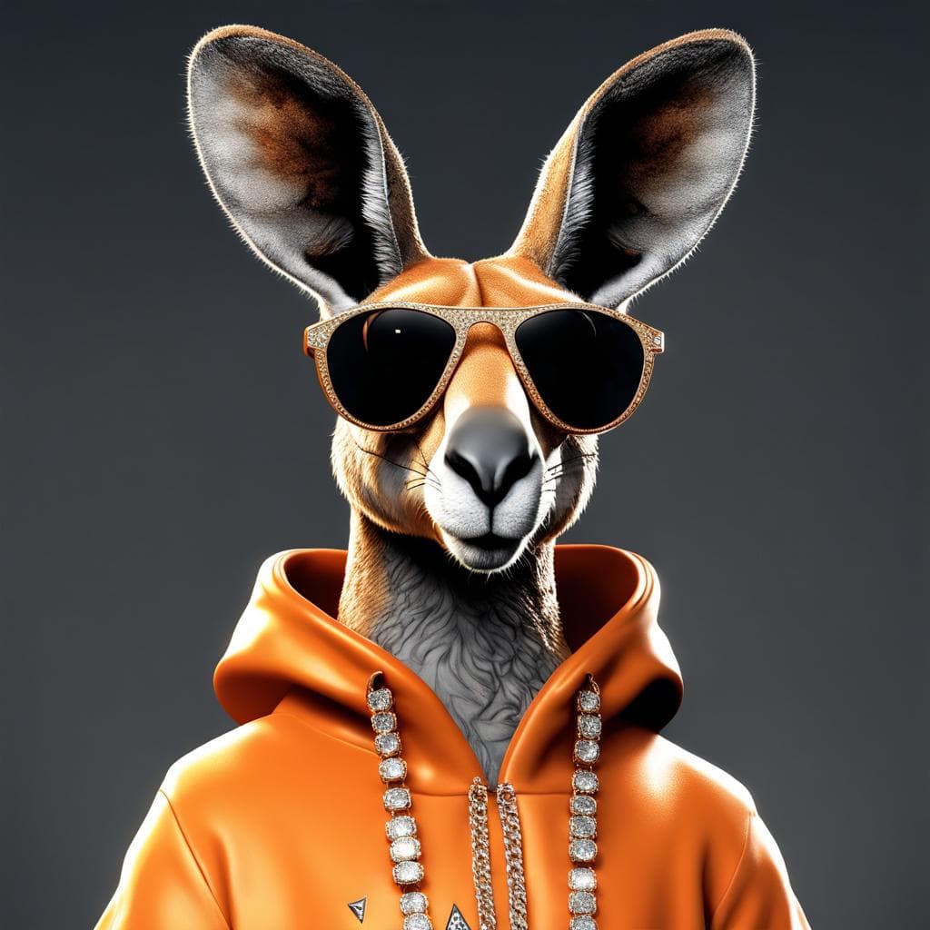 AI generated: "a kangaroo standing tall, confidently adorned in an orange hoodie that perfectly fits its body. The...
