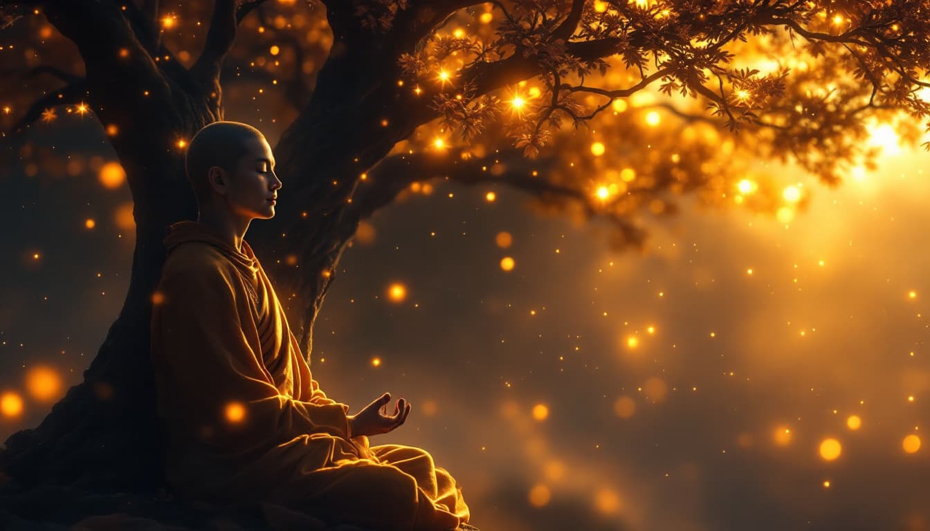 AI generated: A serene Buddhist monk meditating under a glowing Bodhi tree at night, surrounded by golden energy w...