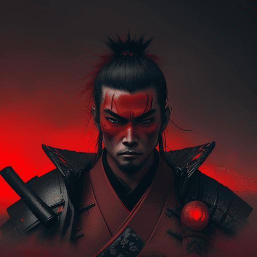 AI generated: A samurai dressed in red and black, from the front, with his face detailed, fighting, at night, vill...