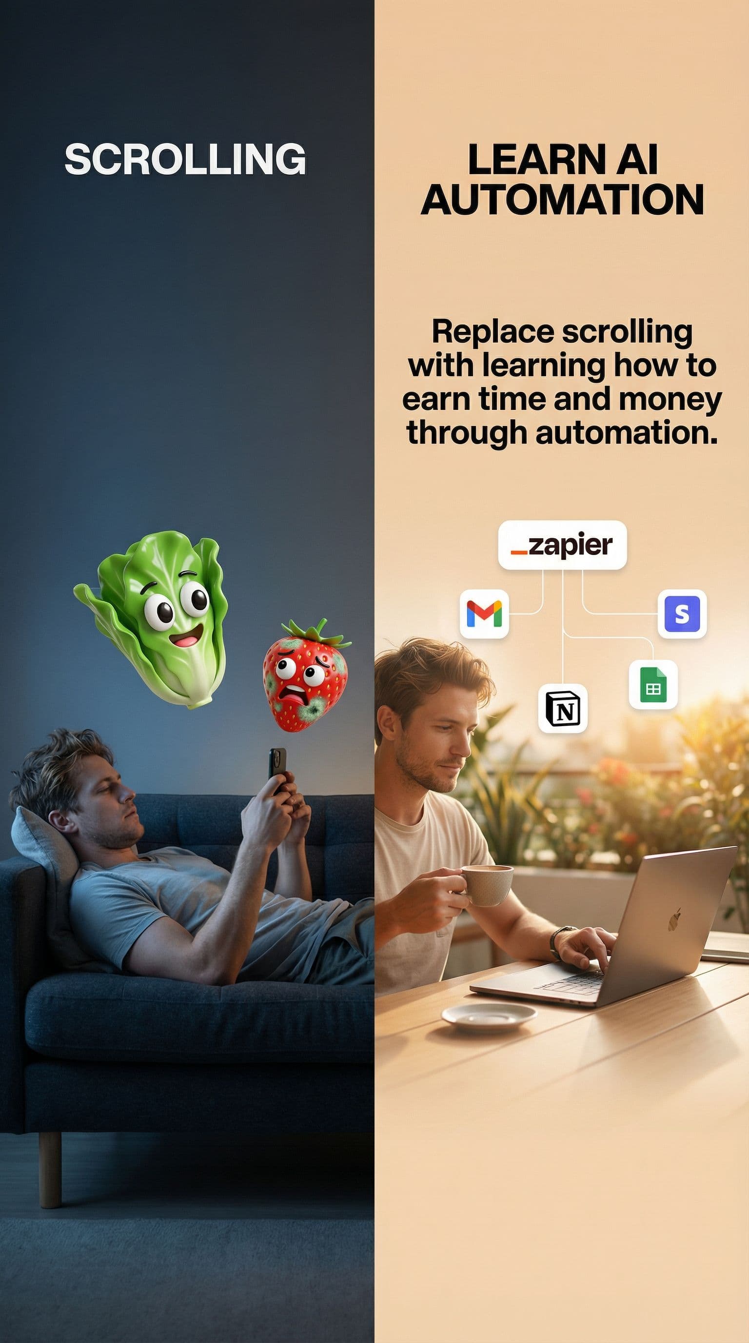 AI generated: Minimal split-screen advertising image with a clean, modern lifestyle aesthetic.
The image is vertic...