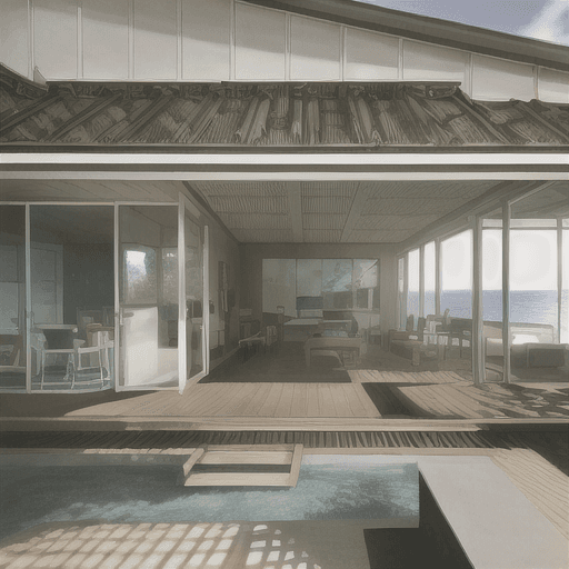 AI generated: Hyper realistic eye level exterior photo of a mid century modern style house overlooking the ocean, ...