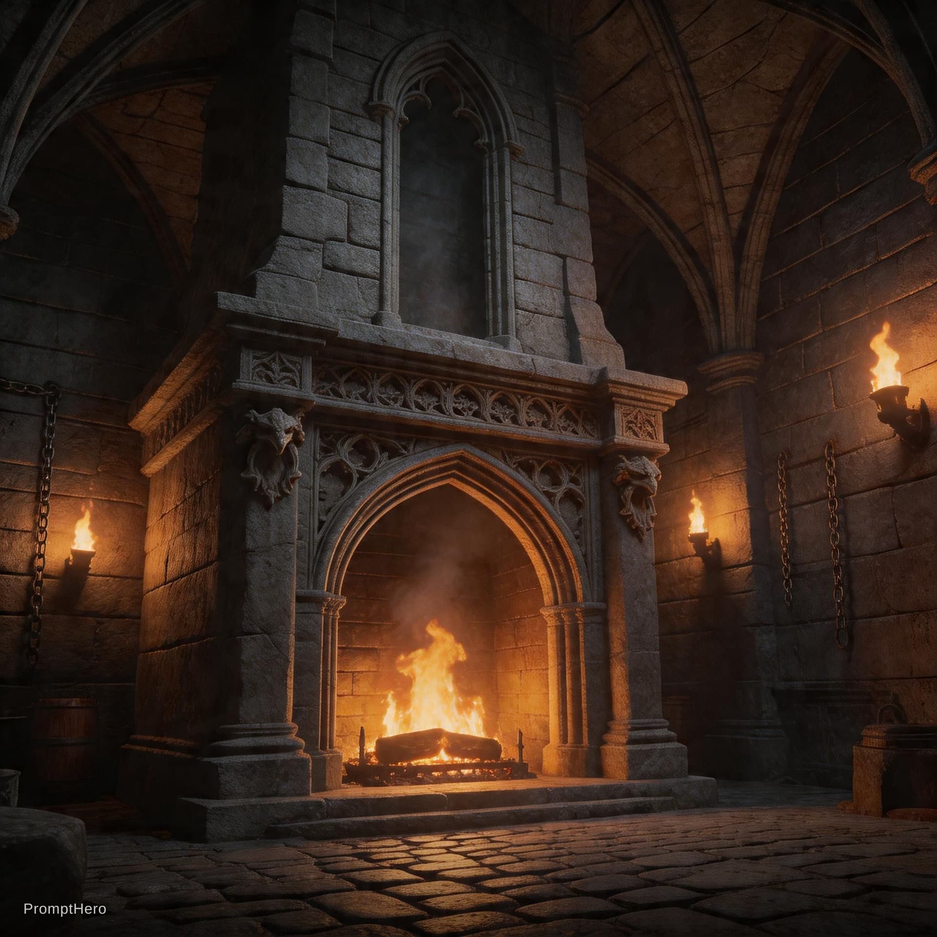 AI generated: Gothic dungeon large fireplace 
