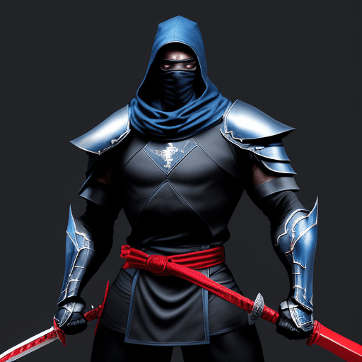AI generated: A tall, imposing black and blue ninja, reminiscent of Sub-Zero, stands poised with a sleek, silver s...