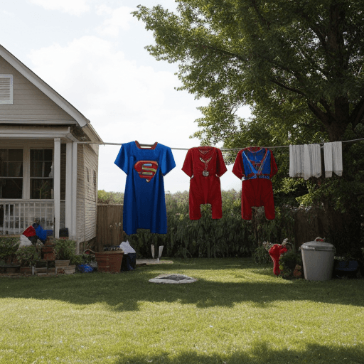 AI generated: clothes of superman hanging on a drying rope in backyard in sun. a clothes bucket can be seen on law...