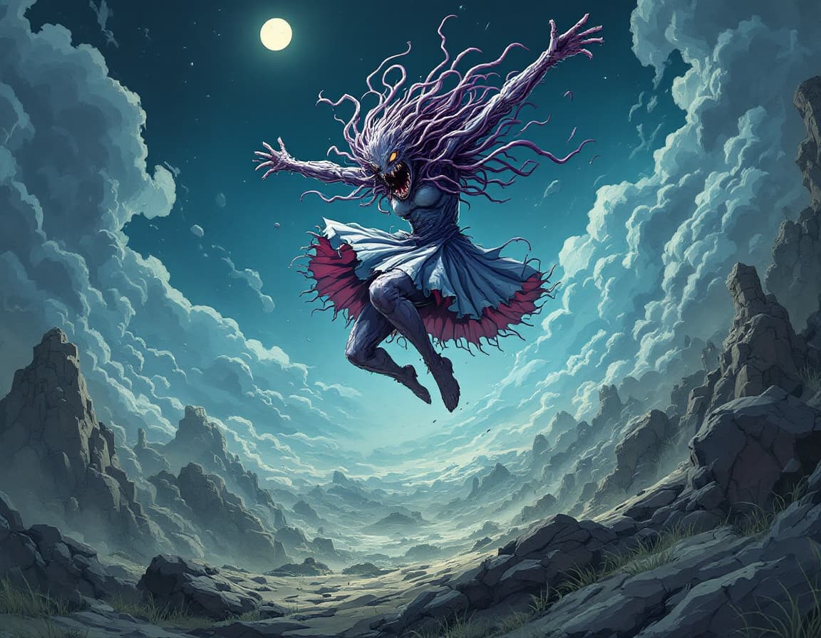 AI generated: the prime girl jump through the air with a junji ito artstyle, the backdrop is a horrific elder thin...