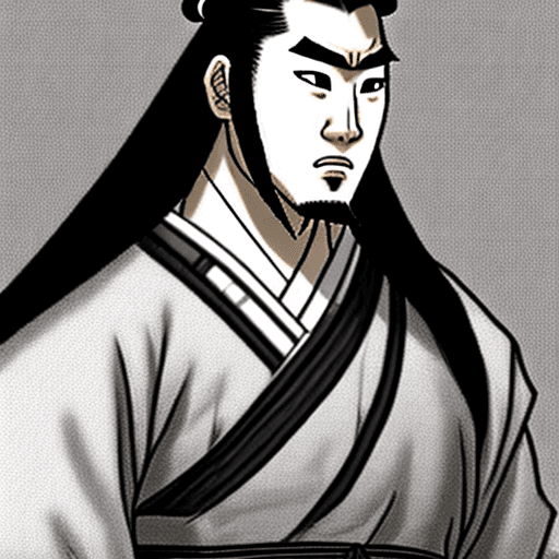 AI generated: A young handsome tall samurai with long hair, round face with square glasses with muscular medium fa...