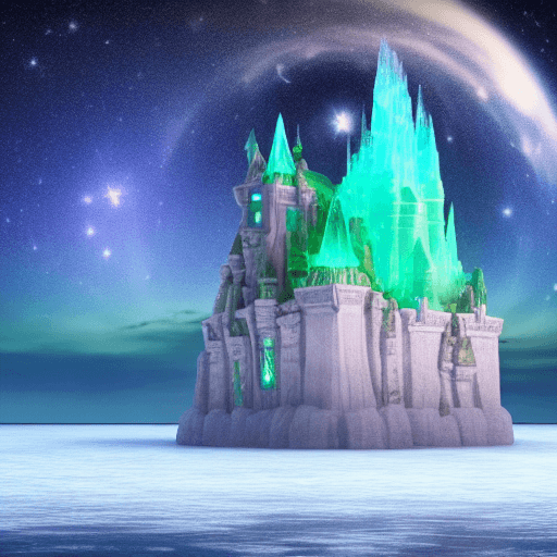 AI generated: A floating crystal castle in the sky, twilight, with a giant wave of stars and galaxies behind, a fr...