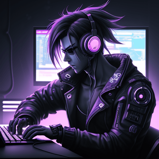 AI generated: Cyberpunk style male, typing on keyboard, wearing headphones, looking towards viewer, active pose, a...