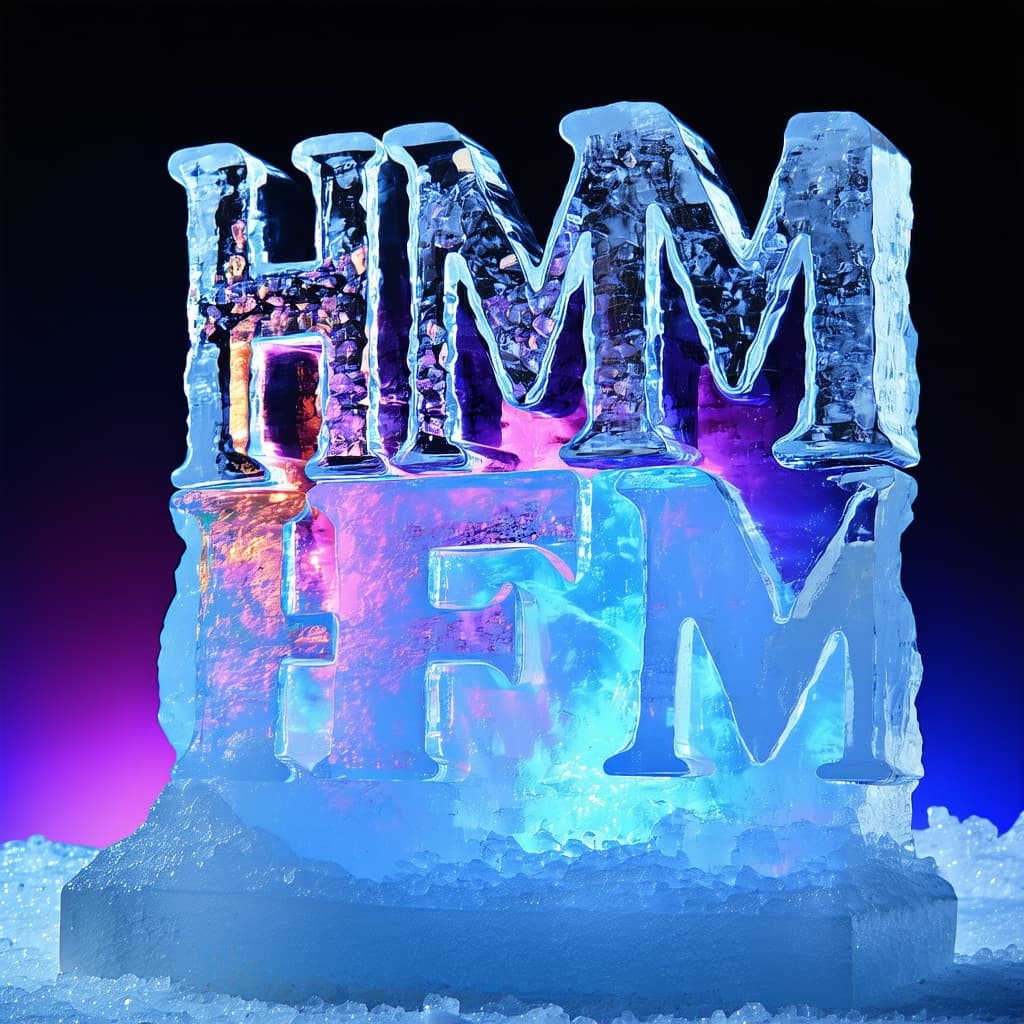 AI generated: Crystal ice sculpture of "HMFM" under aurora borealis, blue and purple hues, ultra-sharp details**  