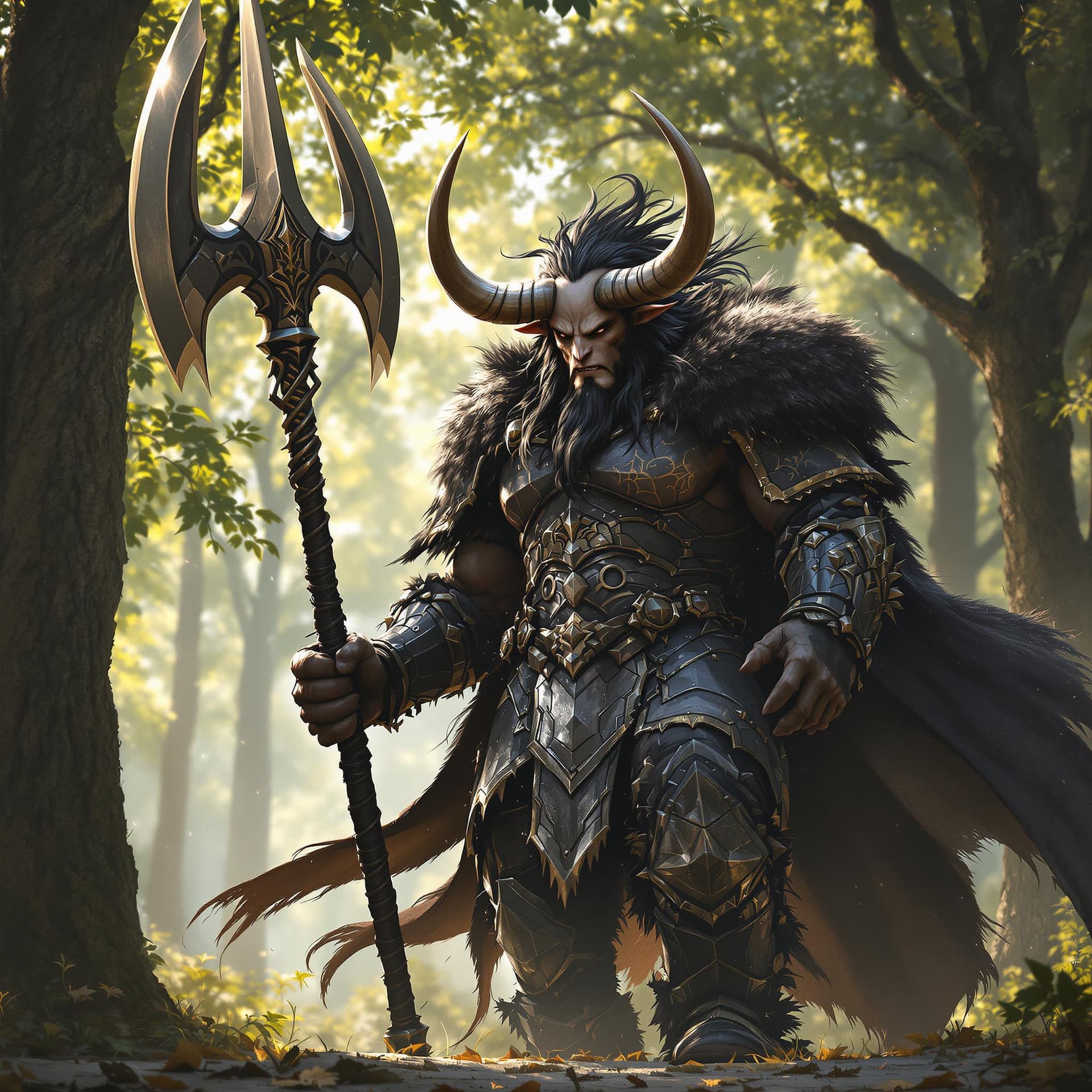 AI generated: A minotaur warrior, his face with humanoid features, clad in battered black armor. His fur-lined clo...