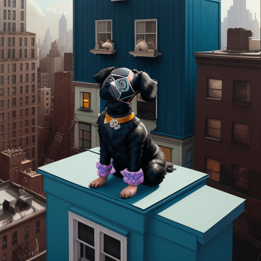 AI generated: a realistic dog wearing a black face mask, sitting on top of a building looking down on a small blue...
