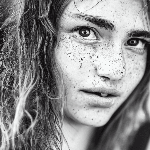 AI generated: detailed and realistic portrait of a woman with a few freckles, round eyes and short messy hair shot...
