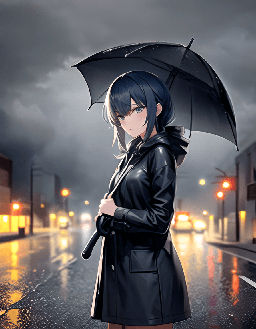 AI generated: rain, storm, outdoors, female, holding a umbrella, wet roads, cars, sad, gloomy lighting, anime, clo...