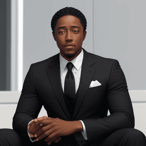 AI generated: high resulotion, danzel washington wears black suits with white shirt and sits down and make a speec...
