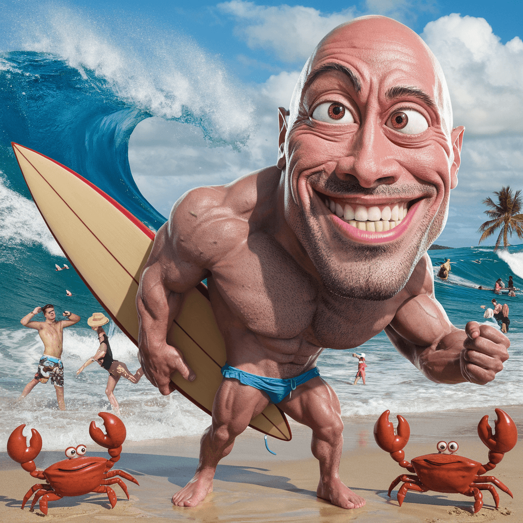 AI generated:  a humorous, exaggerated caricature of Dwayne Johnson. His face has oversized, intense eyes with one...