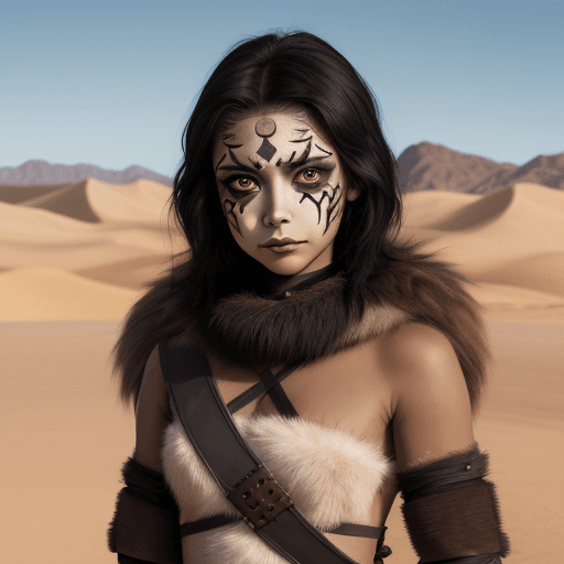 AI generated: High resolution photography of a young warrior princess, with face paint, black hair, brown big eyes...