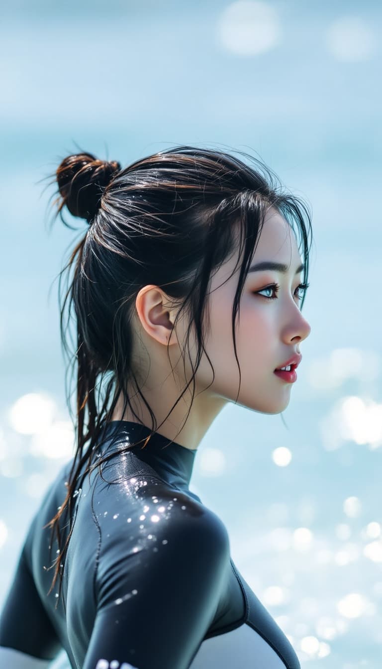 AI generated: High resolution image. Korean woman in black freediving suit. Focus on her back. Her gaze is to the ...