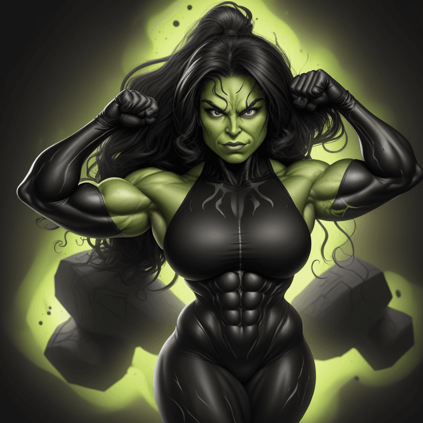 AI generated: 1 bodybuilder woman wearing symbiote, She-Hulk, young beautiful face, soft face, full body visible,